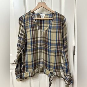 Sundance Plaid V-Neck Cotton Blouse Brown tan Blue Tie frony Bell Cuff Sz Med